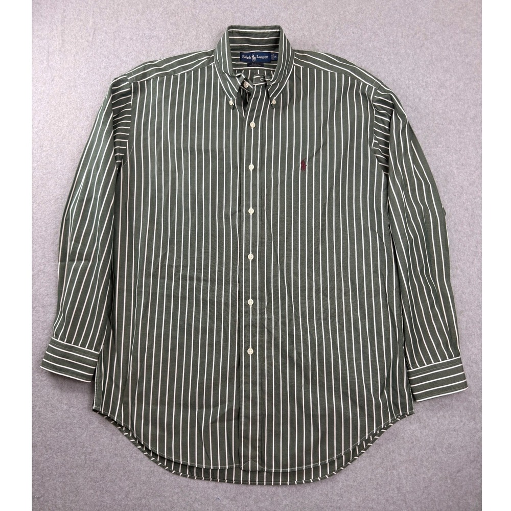 Polo Ralph Lauren Blake Shirt Mens Medium Green White Striped Cotton Button Down